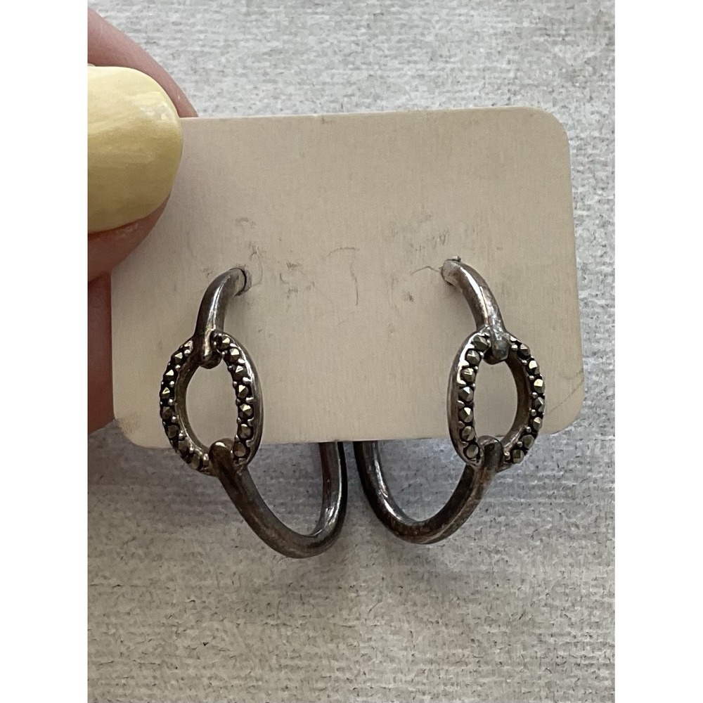 925 Sterling Silver Marcasite Hoop Earrings Vintage Estate Jewelry